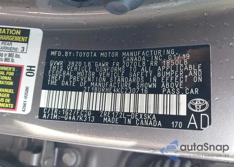 2019 Toyota Corolla Se z USA, uszkodzony, nr VIN 2T1BURHE4KC230716